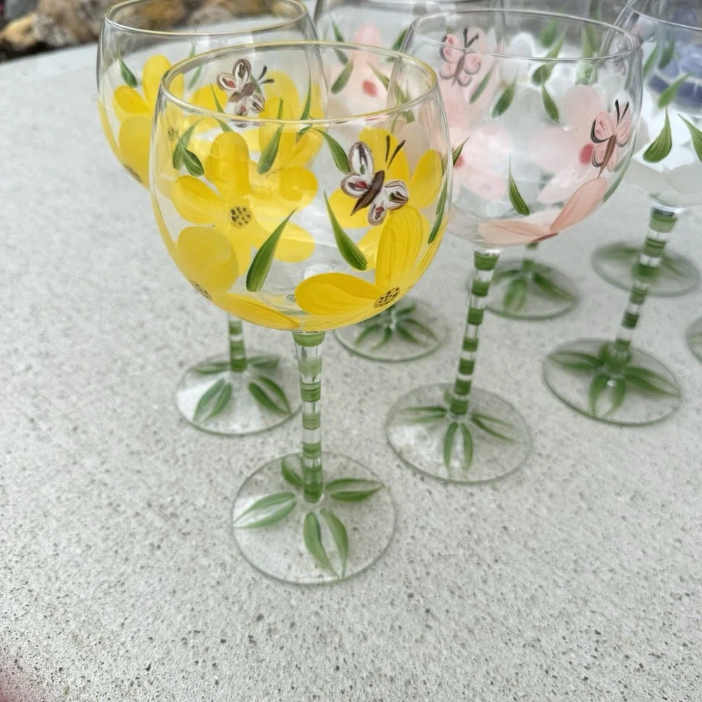 Vintage Hand Painted Wine Glass Floral Pansies Daisy 1970s Retro Kitchen Lot 8